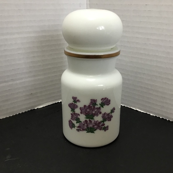 Vintage Milk Glass Apothecary Bottle with Purple Flowers, Made in Belgium - Picture 1 of 8
